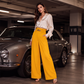 Dames wijde pijpen broek met geplooid elastische tailleband