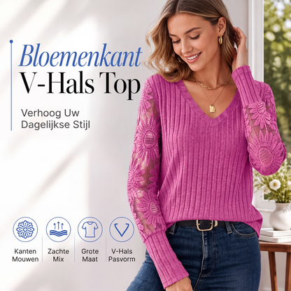 Geborsteld Geribbeld Langetermouw Top met Kantenstukken voor Vrouwen