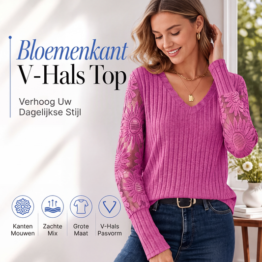 Geborsteld Geribbeld Langetermouw Top met Kantenstukken voor Vrouwen