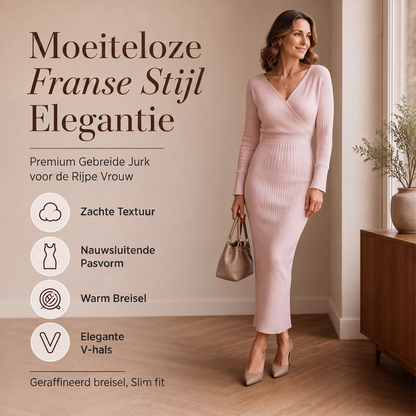 Elegant Geribbelde Gebreide Wikkeljurk met V-hals voor Dames