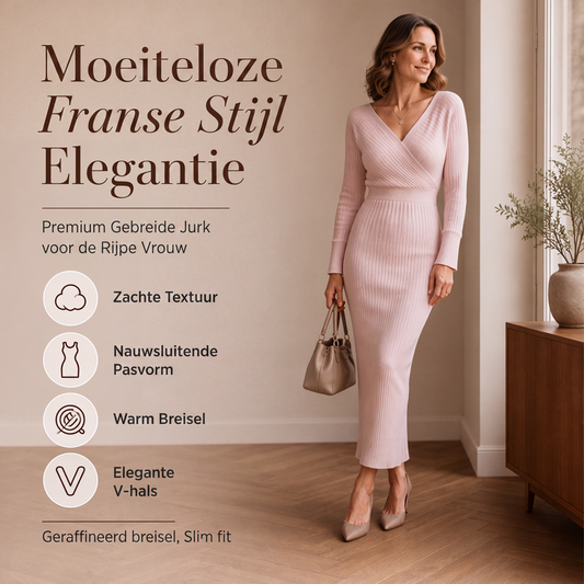 Elegant Geribbelde Gebreide Wikkeljurk met V-hals voor Dames