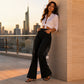 Dames high-waist flare jeans met zijfranjes