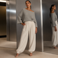 Dames off-shoulder gebreide top en casual broek set