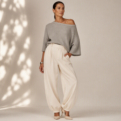 Dames off-shoulder gebreide top en casual broek set