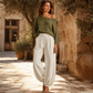 Dames off-shoulder gebreide top en casual broek set
