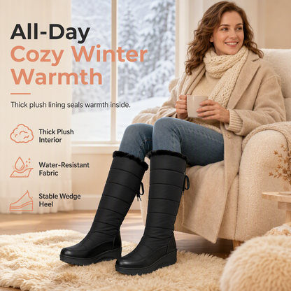 Women's Waterproof Down Cotton Snow Boots Winter Mid-Calf Boots with Round Toe Thick Sole and Warm Lining
