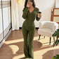 Dames Geribbelde Jack met Capuchon en Ritssluiting & Flared Broek Set
