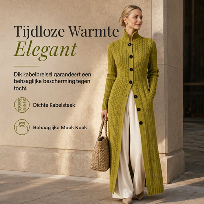 🔥Gratis verzending✈️🧶 Dames Lang Gebreid Vest met Kabelpatroon en Colkraag – Warme Duster Trui Jas met Elegante Look & Comfortabele Pasvorm ✨