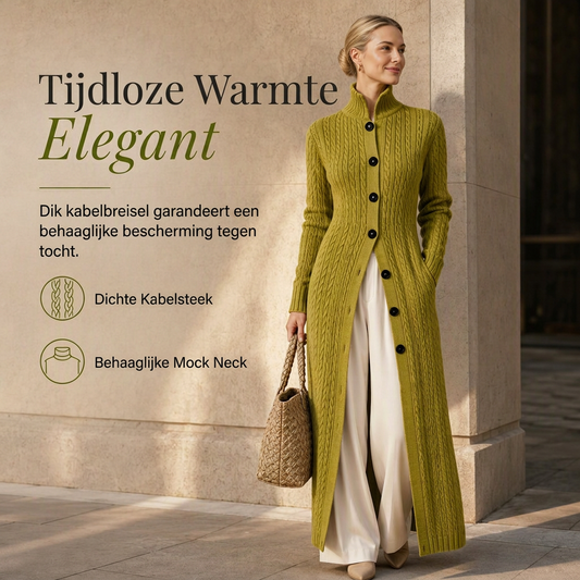 🔥Gratis verzending✈️🧶 Dames Lang Gebreid Vest met Kabelpatroon en Colkraag – Warme Duster Trui Jas met Elegante Look & Comfortabele Pasvorm ✨