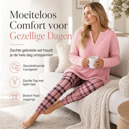 Dames gebreide top en geruite legging set
