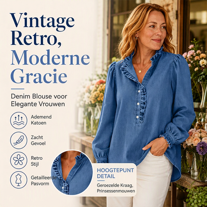 Dames spijkerblouse met ruches kraag en pofmouwen