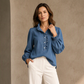 Dames spijkerblouse met ruches kraag en pofmouwen