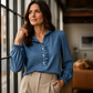 Dames spijkerblouse met ruches kraag en pofmouwen