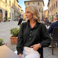 Dames spijkerblouse met ruches kraag en pofmouwen