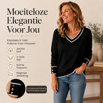 Elegant gebreid dames shirt met V-hals en contrastdetail