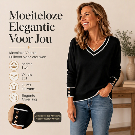 Elegant gebreid dames shirt met V-hals en contrastdetail