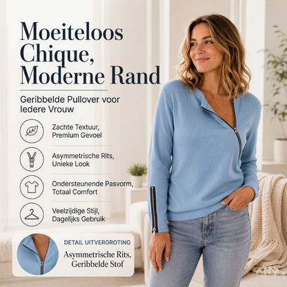 Damesgebreide top met ribstructuur en asymmetrische rits