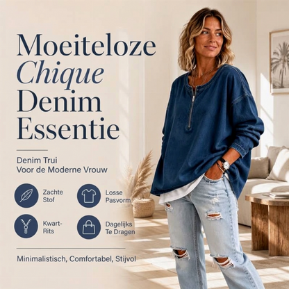 Denim pullover voor dames met lange mouwen en halve rits