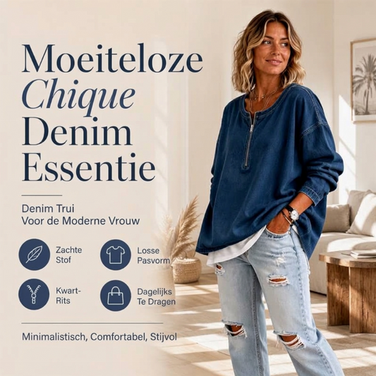 Denim pullover voor dames met lange mouwen en halve rits