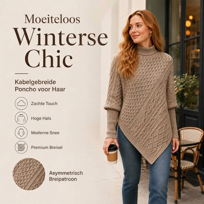 Damesgebreide ponchotrui met kabelpatroon