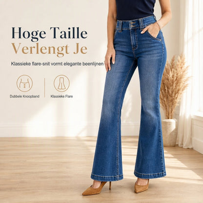 Flare jeans met hoge taille voor dames, stretch denim, nauwsluitende broek met taille met dubbele knoop