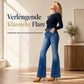 Flare jeans met hoge taille voor dames, stretch denim, nauwsluitende broek met taille met dubbele knoop