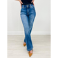 Flare jeans met hoge taille voor dames, stretch denim, nauwsluitende broek met taille met dubbele knoop