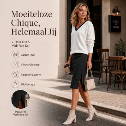 Dames set met V-hals shirt met lange mouwen en geribbelde rok