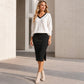 Dames set met V-hals shirt met lange mouwen en geribbelde rok