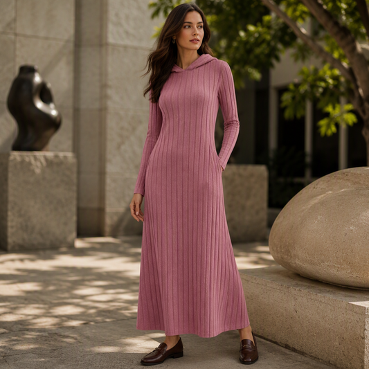 👗 Dames Geribbelde Gebreide Jurk met Capuchon – Casual Lange Trui Jurk met Comfortabele Pasvorm & Moderne Look ✨