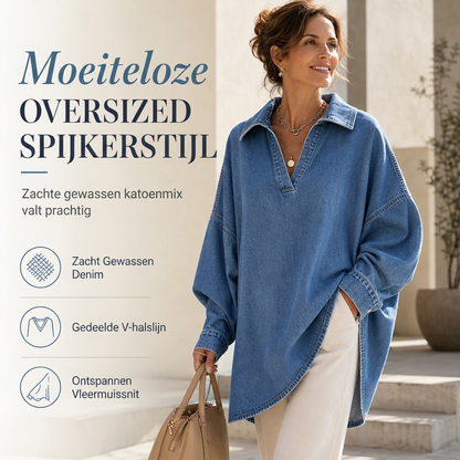 Casual loszittende denim V-hals pullover voor dames met vleermuismouwen en asymmetrische zoom