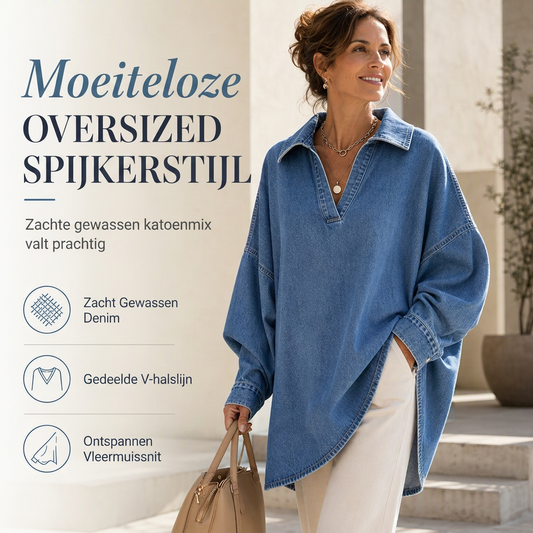 Casual loszittende denim V-hals pullover voor dames met vleermuismouwen en asymmetrische zoom