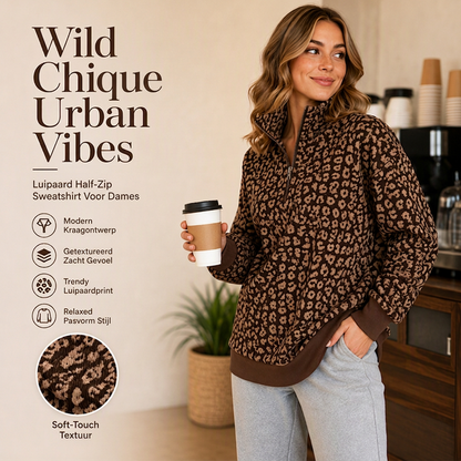 🔥 Trendy Herfststijl 🐆 Dames Sweater met Luipaardprint en Kwartrits – Comfortabel, Modieus & Makkelijk te Combineren
