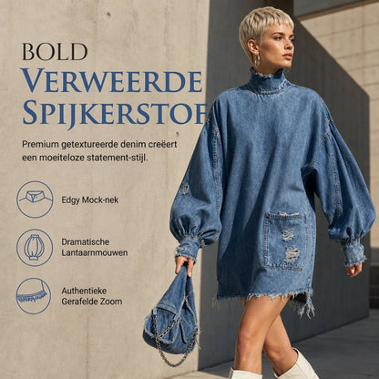 ✨ Nieuwe Herfststijl 💙 Dames Oversized Denim Mini-Jurk met Colkraag – Comfortabele Pasvorm, Trendy & Casual Chic