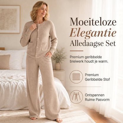 🍂 Tijdloze Comfort Look ✨ Dames Gebreide 2-Delige Set met Vest & Wijde Broek – Zacht, Elegant & Makkelijk te Stylen