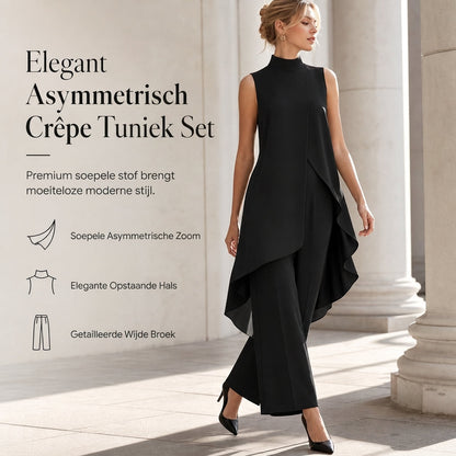 ✨ Elegante Look 👗 Dames 2-Delige Set met Mouwloze Asymmetrische Tuniek & Wijde Pijpen Broek – Flatterend, Comfortabel & Stijlvol