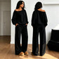 Set bestaande uit een casual off-shoulder top en een broek met wijde pijpen voor dames