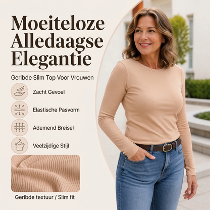 Klassiek Geribbeld Gebreid Dames Shirt met Ronde Hals