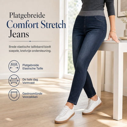 Dames high-waist pull-on slim fit donkerblauwe denim jeans met brede elastische tailleband