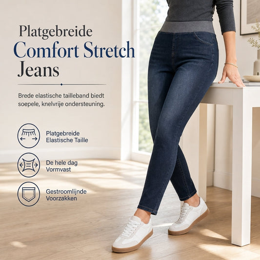 Dames high-waist pull-on slim fit donkerblauwe denim jeans met brede elastische tailleband