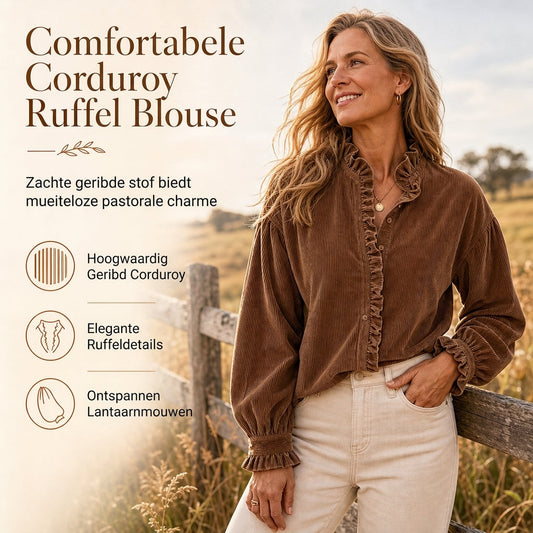 Vintage corduroy blouse voor dames met gerimpelde kraag en lange lantaarnmouwen
