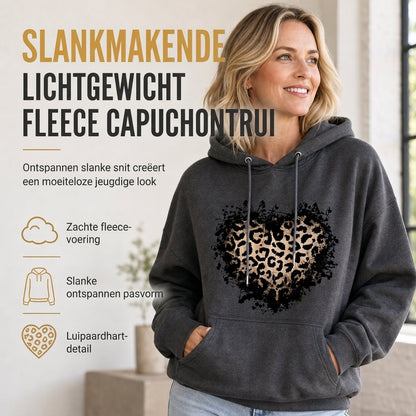 Casuele fleecehoodie voor dames met luipaardhartprint en kangoeroezak