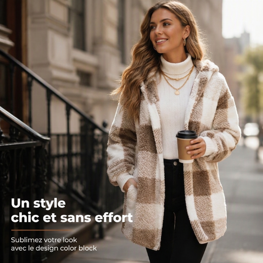 Oversized damesvest met capuchon, ruitjesmotief en kleurblokken