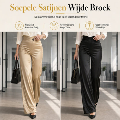 Elegante satijnen hooggetailleerde wijde pijpen broek met asymmetrische taille
