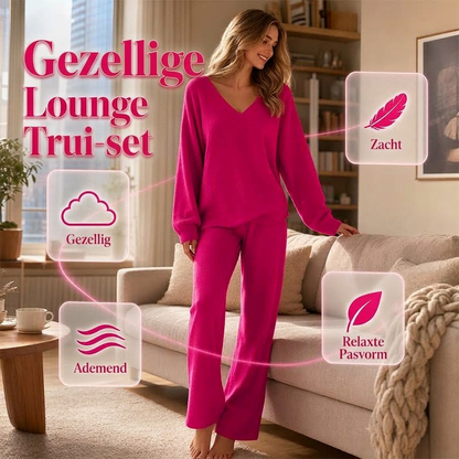 Dames gebreide V-hals trui en wijde pijpen broek set