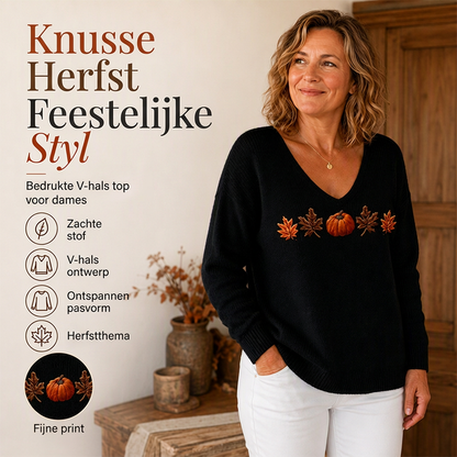Dames V-hals lange mouwen top met pompoenprint