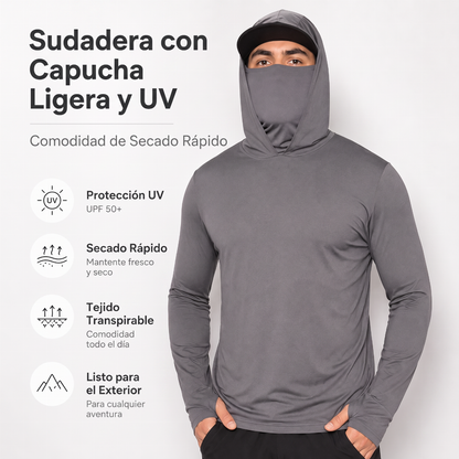 Lichtgewicht, sneldrogende hoodie voor heren met UV-bescherming, geïntegreerde gezichtsbescherming, vierwegstretch en zweetabsorberende eigenschappen