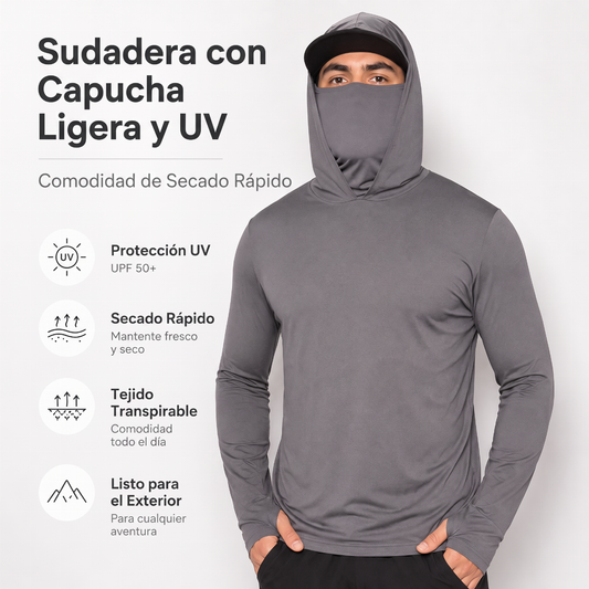 Lichtgewicht, sneldrogende hoodie voor heren met UV-bescherming, geïntegreerde gezichtsbescherming, vierwegstretch en zweetabsorberende eigenschappen