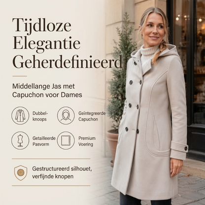 damesjas met capuchon en dubbele knoopsluiting van keperstof