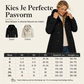 damesjas met capuchon en dubbele knoopsluiting van keperstof